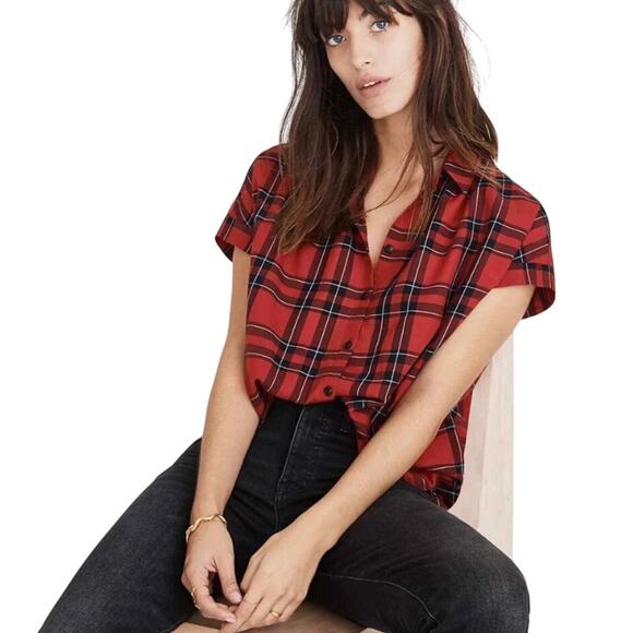 Madewell Shirt Red Plaid Central Short Sleeve in Dahl H7777 Cap Sleeve Small - Picture 4 of 4